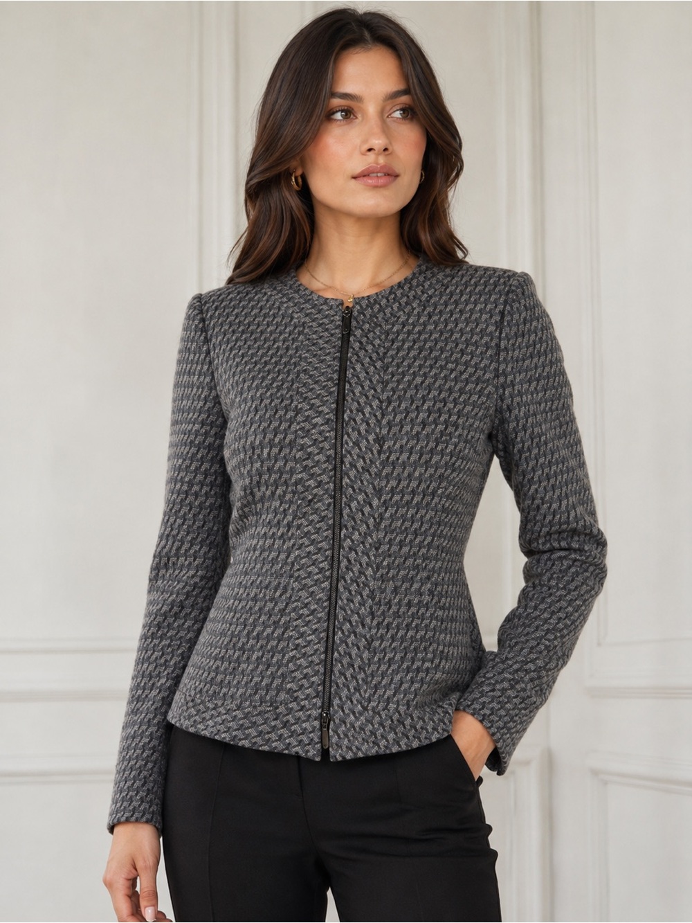 Santorelli Lana Gray Wool Blend Geometric Zip Front Jacket Blazer Italy Size 4